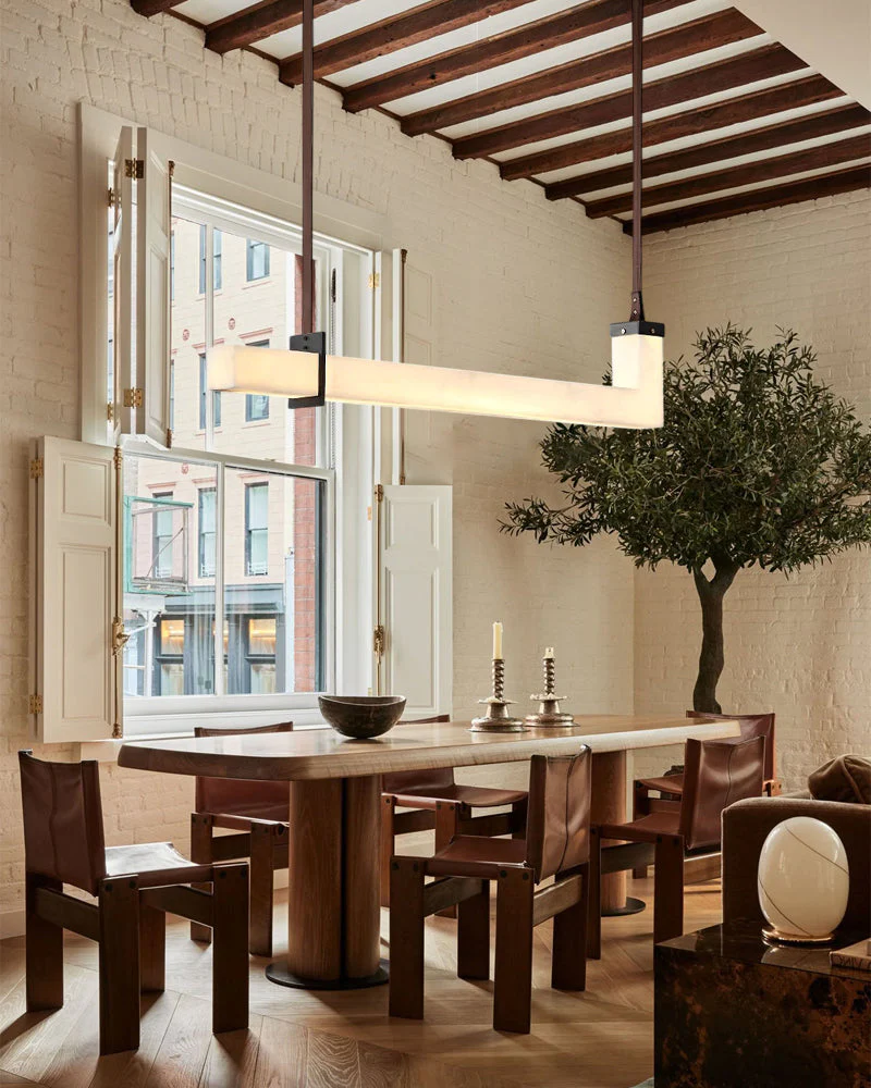Up & Down Lighting Linear Brown Leather Alabaster Linear Pendant Lights Long 39“ 47” - Image 3