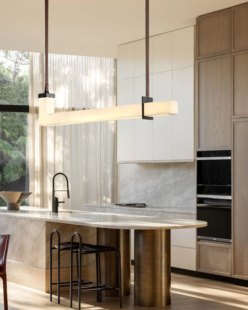 Up & Down Lighting Linear Brown Leather Alabaster Linear Pendant Lights Long 39“ 47” - Image 4