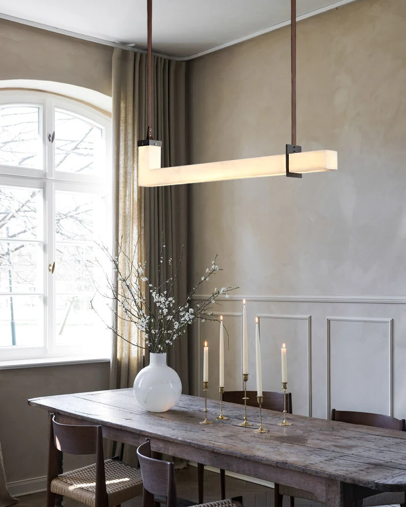 Up & Down Lighting Linear Brown Leather Alabaster Linear Pendant Lights Long 39“ 47” - Image 9