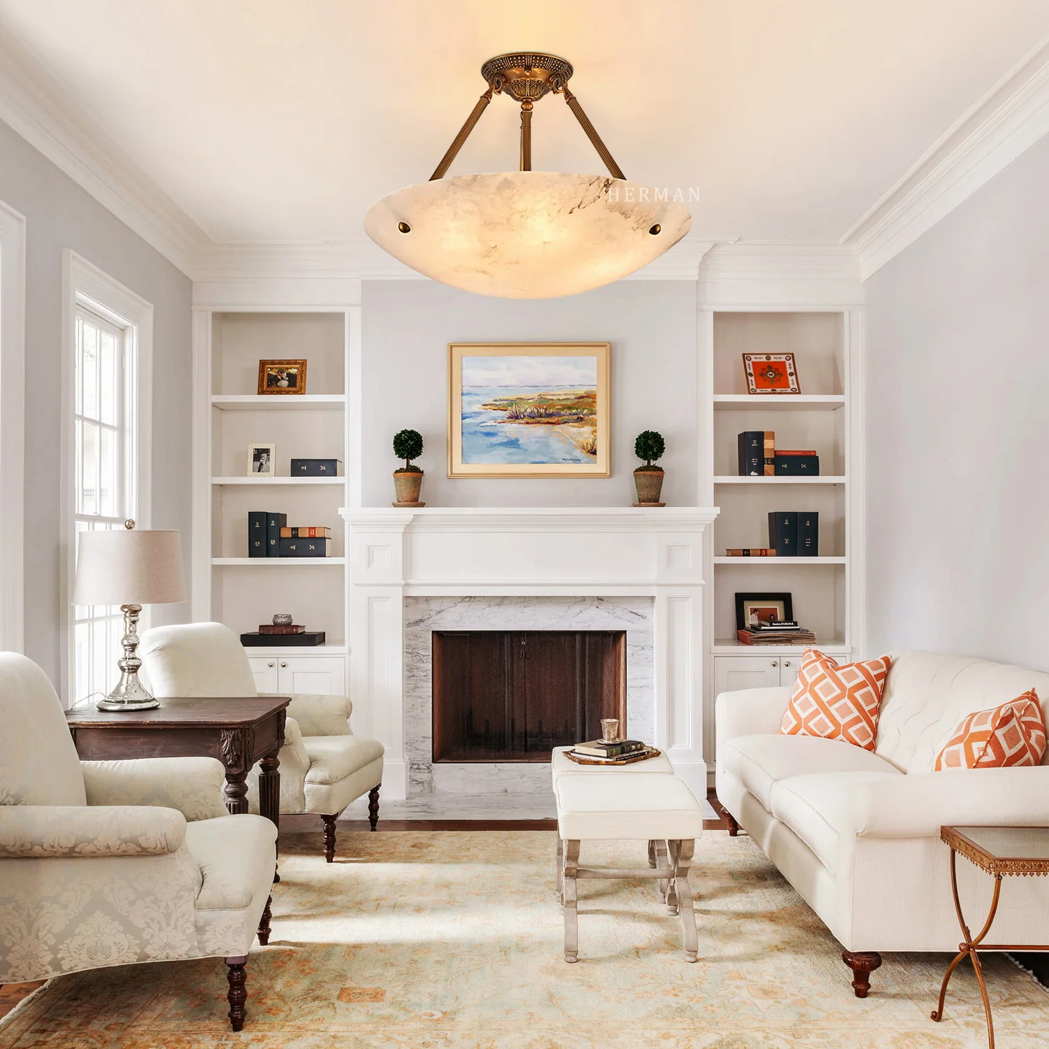 Vintage Round Alabaster Ceiling Lamp - Image 3