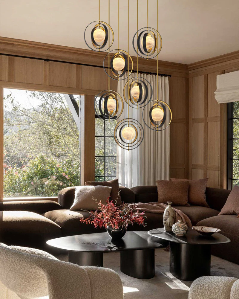 White Alabaster Round Ceiling Pendant Lamp - Gold & Bronze Rotatable Ring
