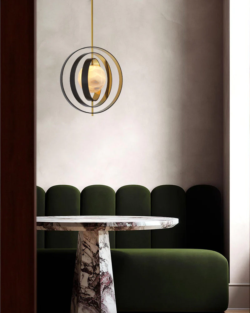 White Alabaster Round Ceiling Pendant Lamp - Gold & Bronze Rotatable Ring - Image 10