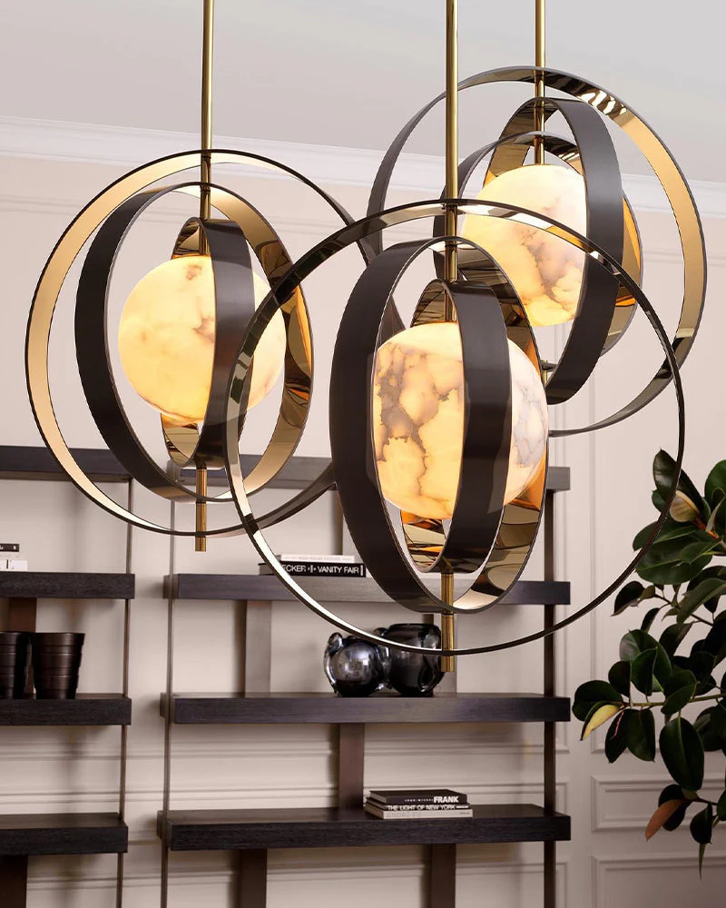 White Alabaster Round Ceiling Pendant Lamp - Gold & Bronze Rotatable Ring - Image 12