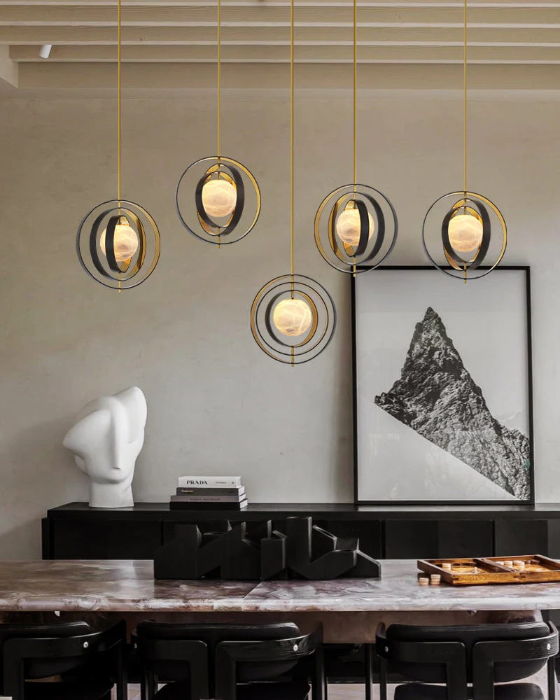 White Alabaster Round Ceiling Pendant Lamp - Gold & Bronze Rotatable Ring - Image 8