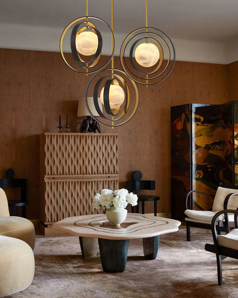 White Alabaster Round Ceiling Pendant Lamp - Gold & Bronze Rotatable Ring - Image 9